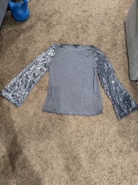INC International Concepts Gray Top with Silver Sequin Bell Sleeves